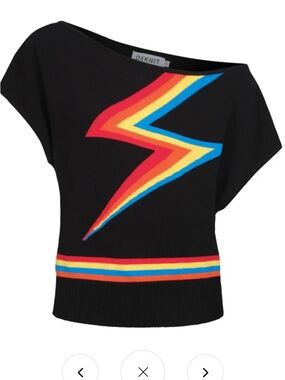 OXKNIT Off-the-Shoulder Black Sweater with Rainbow Lightning Detail
